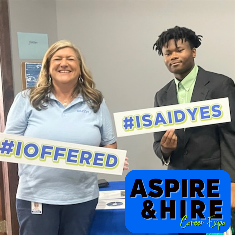  image of a student and employer with the inspire and hire logo